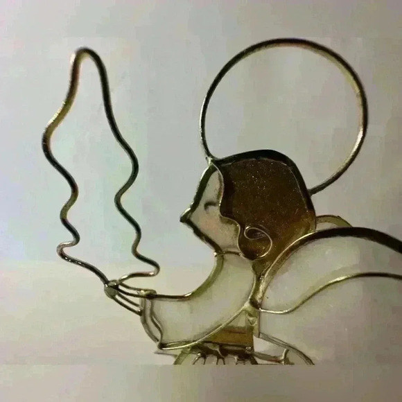 Vintage Capiz Shell Gold Metal Angel With Tree Christmas Ornament 5” - Picture 3 of 7